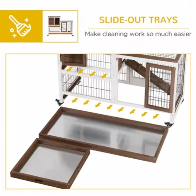 PawHut Wooden Rabbit Hutch, Indoor Bunny Cage with Wheels & Pull Out Trays - Image 6