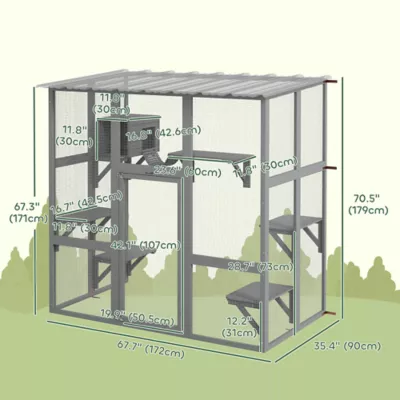 PawHut Large Outdoor Catio with Weatherproof Roof, Bridge, Resting Box, Platforms - Image 3