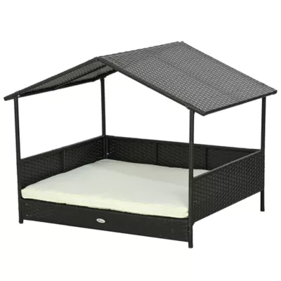PawHut Rattan Dog House with Canopy with Water-Resistant Cushion, for SM & MED Dogs - 46"L - Image 1