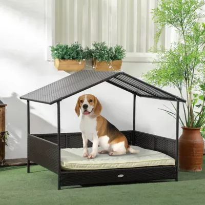 PawHut Rattan Dog House with Canopy with Water-Resistant Cushion, for SM & MED Dogs - 46"L - Image 2
