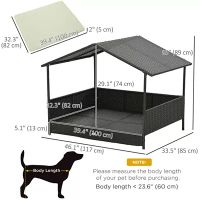 PawHut Rattan Dog House with Canopy with Water-Resistant Cushion, for SM & MED Dogs - 46"L - Image 3