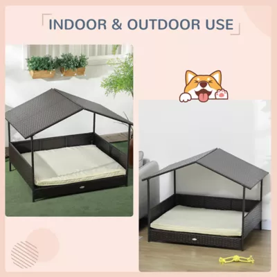 PawHut Rattan Dog House with Canopy with Water-Resistant Cushion, for SM & MED Dogs - 46"L - Image 4