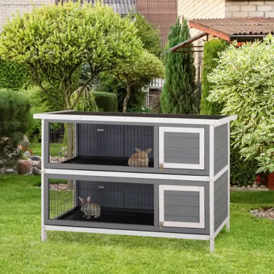 PawHut 2 Tier Wooden Rabbit Hutch - Image 2