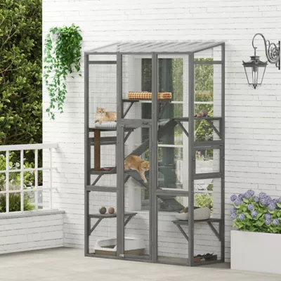 PawHut Large Outdoor Catio with 6 Jumping Platforms, Scratching Post, 2 Ramps, and Waterproof Roof - Image 2