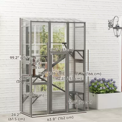 PawHut Large Outdoor Catio with 6 Jumping Platforms, Scratching Post, 2 Ramps, and Waterproof Roof - Image 3