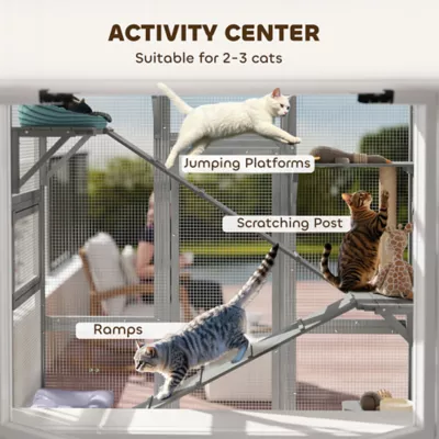 PawHut Large Outdoor Catio with 6 Jumping Platforms, Scratching Post, 2 Ramps, and Waterproof Roof - Image 5
