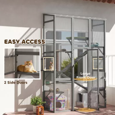 PawHut Large Outdoor Catio with 6 Jumping Platforms, Scratching Post, 2 Ramps, and Waterproof Roof - Image 6