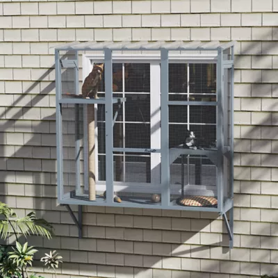 PawHut Wooden Catio Cat Window Box Enclosure for 2-3 Large Cats with 2 Jumping Platforms & Post - Image 2