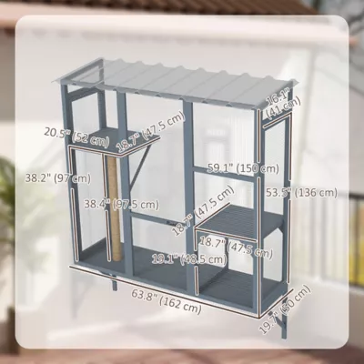 PawHut Wooden Catio Cat Window Box Enclosure for 2-3 Large Cats with 2 Jumping Platforms & Post - Image 3
