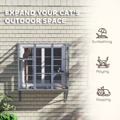 PawHut Wooden Catio Cat Window Box Enclosure for 2-3 Large Cats with 2 Jumping Platforms & Post - Image 4