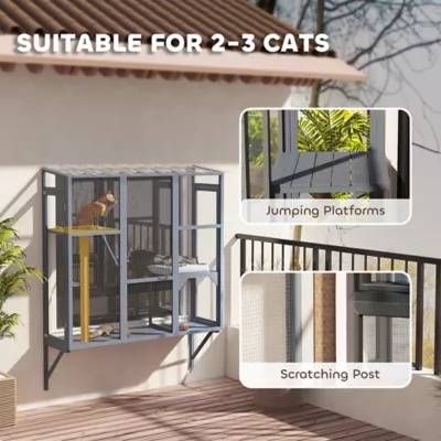 PawHut Wooden Catio Cat Window Box Enclosure for 2-3 Large Cats with 2 Jumping Platforms & Post - Image 5