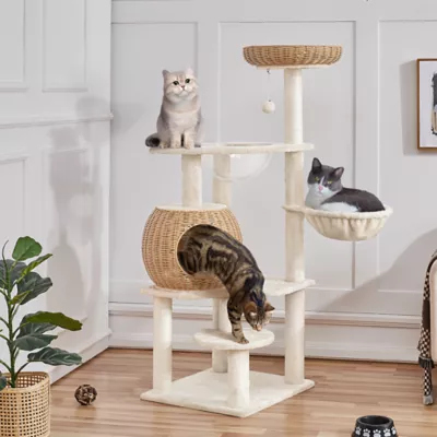 Yaheetech 54in Rattan Cat Tree With Breathable Woven Condo, Scratching Posts & Washable cushions - Image 2