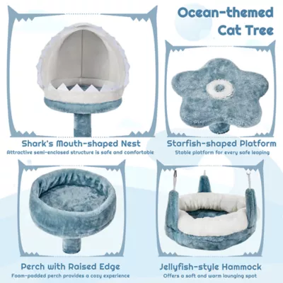 Yaheetech Cat Tree-Ocean-Themed Cat Tower, Multi-Level with Shark's Mouth Bed & 2 Big Condos - Image 4