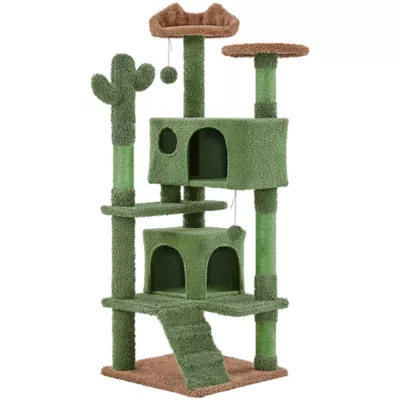 Yaheetech Cactus Cat Tree, Cute Cat House with Large Condo - Green - Image 1