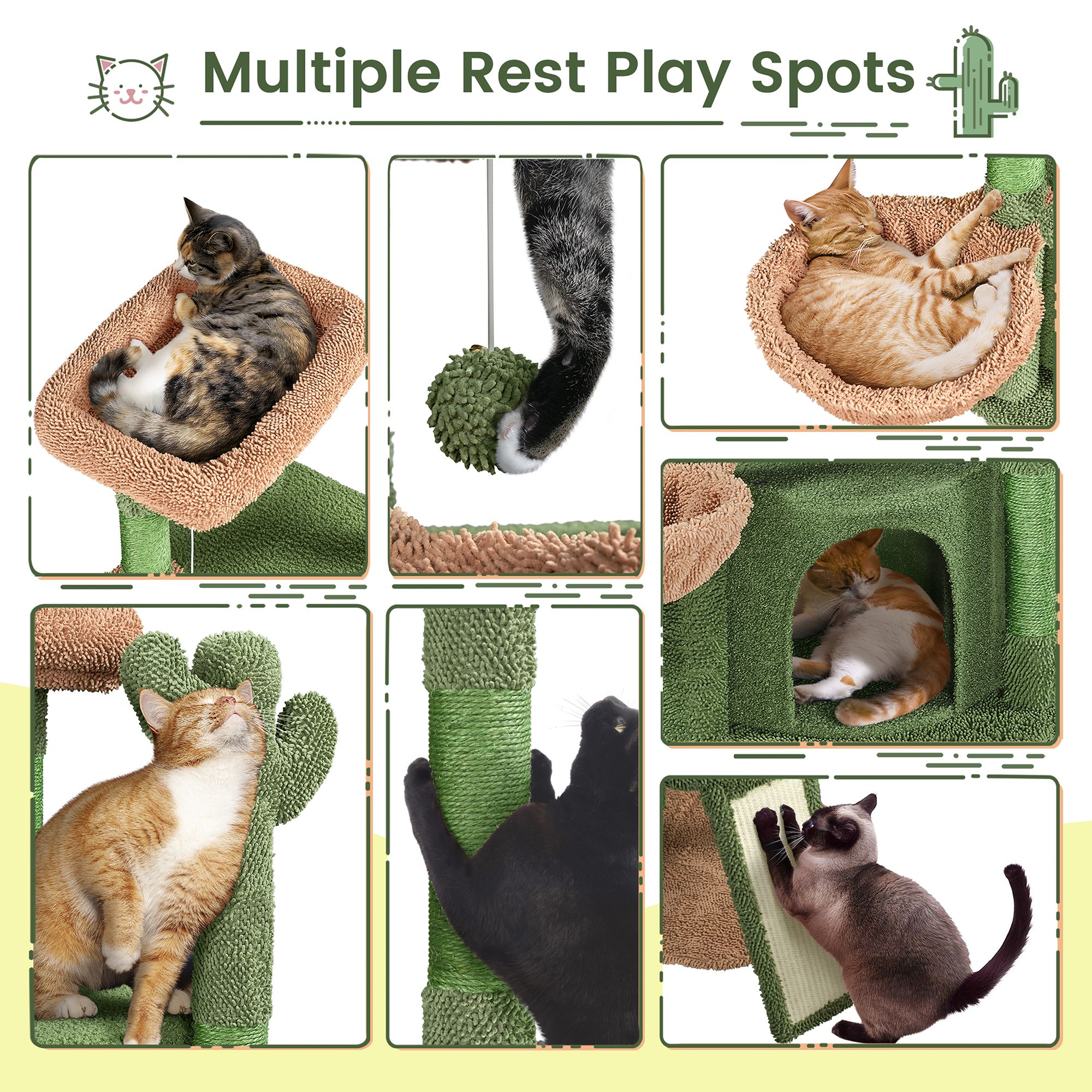 Yaheetech Cactus Cat Tree, Cute Cat House with Large Condo - Green - thumbnail 4