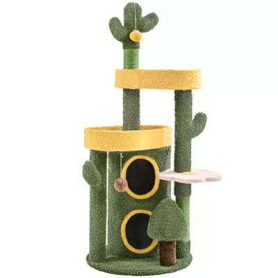 Yaheetech Cactus Cat Tree, Cute Cat House with Large Condo - Green - Image 1