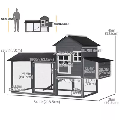 PawHut 84" Chicken Coop Wooden Hen House, Outdoor with Nesting Box and Run - Image 3