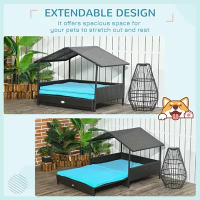 PawHut Rattan Dog House with Canopy, Water-Resistant Cushion, for Medium Dogs - Image 4