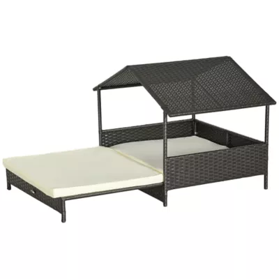 PawHut Rattan Dog House with Canopy, Water-Resistant Cushion, for Medium Dogs - Image 1
