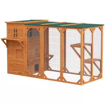 PawHut Catio 76"L, Outdoor Cat House with Asphalt Roof, Platforms, Lockable Doors, 3-Tier - Image 1