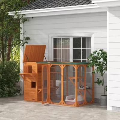 PawHut Catio 76"L, Outdoor Cat House with Asphalt Roof, Platforms, Lockable Doors, 3-Tier - Image 2