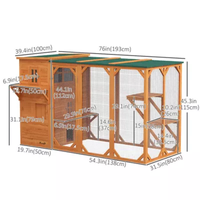 PawHut Catio 76"L, Outdoor Cat House with Asphalt Roof, Platforms, Lockable Doors, 3-Tier - Image 3