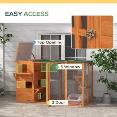 PawHut Catio 76"L, Outdoor Cat House with Asphalt Roof, Platforms, Lockable Doors, 3-Tier - Image 6