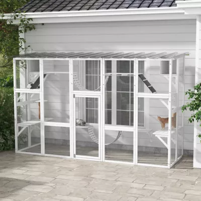 PawHut Large Outdoor Catio with Condos, Platforms, Doors, Ladders, Weather-Resistant Roof - Image 2