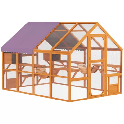 PawHut Outdoor Cat Enclosure, Wooden Cat House w/ Weatherproof Canopy, Bridges, Resting Boxes - Image 1