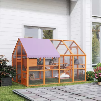 PawHut Outdoor Cat Enclosure, Wooden Cat House w/ Weatherproof Canopy, Bridges, Resting Boxes - Image 2