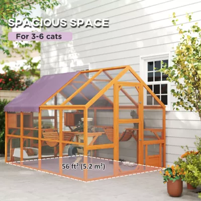 PawHut Outdoor Cat Enclosure, Wooden Cat House w/ Weatherproof Canopy, Bridges, Resting Boxes - Image 4