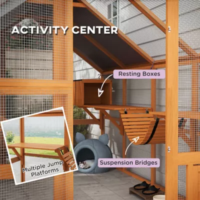 PawHut Outdoor Cat Enclosure, Wooden Cat House w/ Weatherproof Canopy, Bridges, Resting Boxes - Image 5