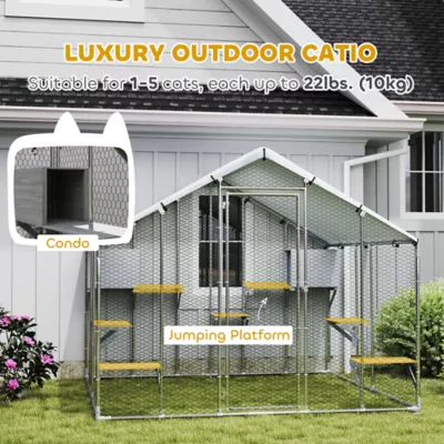 PawHut 94.5" Extra Large Metal Outdoor Catio with Waterproof Cover, 2 Resting Boxes, 7 Platforms - Image 4