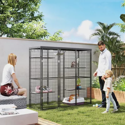 PawHut Weld Wire Catio Outdoor Indoor with Waterproof Cover, 4 Jumping Platforms, Hammock - Image 2