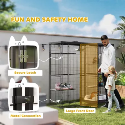 PawHut Weld Wire Catio Outdoor Indoor with Waterproof Cover, 4 Jumping Platforms, Hammock - Image 6
