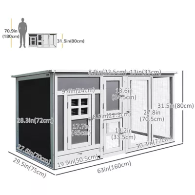 PawHut 63" Chicken Coop, Wooden Hen House, with Nesting Box and Run - Image 3