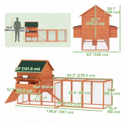 PawHut 137" Wooden Chicken Coop with Chicken Run, Nesting Box - Image 3