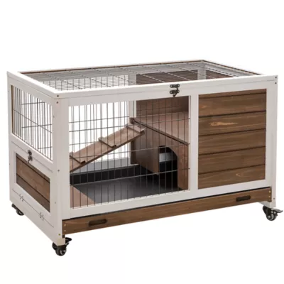 PawHut Wooden Indoor Rabbit Hutch Habitat with Wheels, and Pull-Out Tray - Image 1