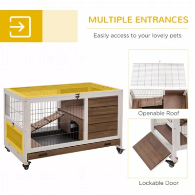 PawHut Wooden Indoor Rabbit Hutch Habitat with Wheels, and Pull-Out Tray - Image 5