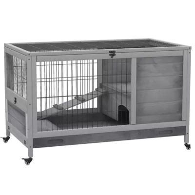 PawHut Wooden Indoor Rabbit Hutch Habitat with Wheels, and Pull-Out Tray - Image 1