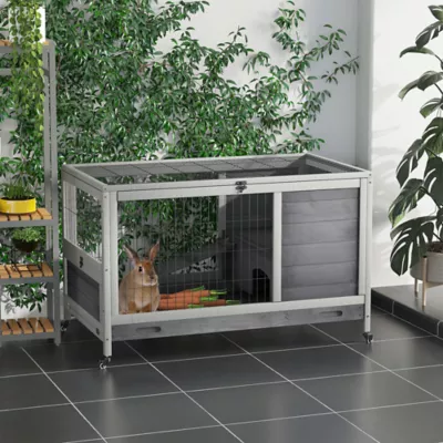 PawHut Wooden Indoor Rabbit Hutch Habitat with Wheels, and Pull-Out Tray - Image 2