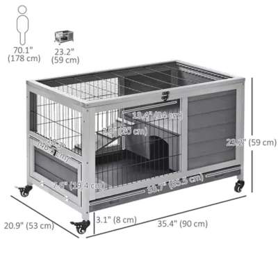 PawHut Wooden Indoor Rabbit Hutch Habitat with Wheels, and Pull-Out Tray - Image 3