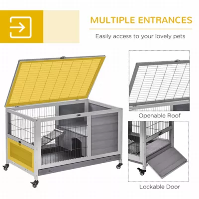 PawHut Wooden Indoor Rabbit Hutch Habitat with Wheels, and Pull-Out Tray - Image 5