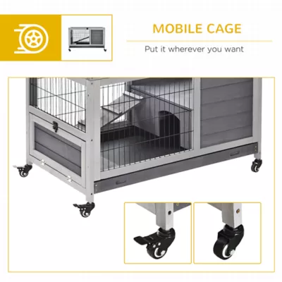 PawHut Wooden Indoor Rabbit Hutch Habitat with Wheels, and Pull-Out Tray - Image 7