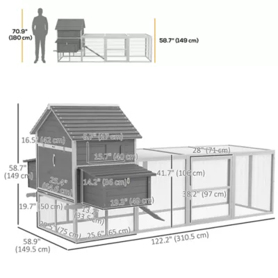 PawHut Wooden Chicken Coop with Nesting Boxes, Run, Doors, Tray, Ramp for 4-6 Chickens - Image 3