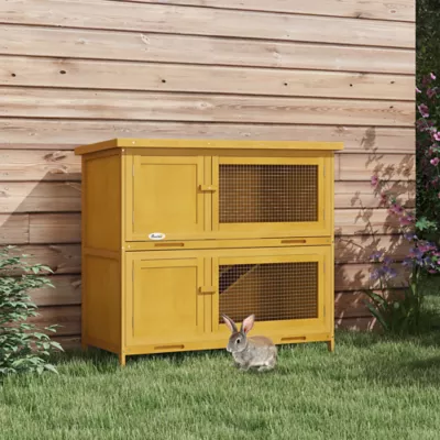 PawHut Wood Rabbit Hutch with 2 Large Main House, Ramp, Trays - Image 2