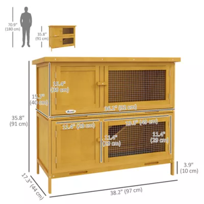 PawHut Wood Rabbit Hutch with 2 Large Main House, Ramp, Trays - Image 3