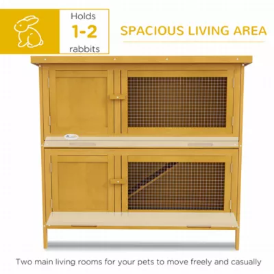 PawHut Wood Rabbit Hutch with 2 Large Main House, Ramp, Trays - Image 5