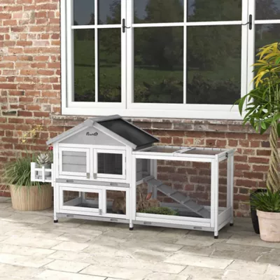 PawHut 65" Wooden Rabbit Hutch, Playpen with Openable Roof - Image 2