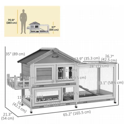 PawHut 65" Wooden Rabbit Hutch, Playpen with Openable Roof - Image 3